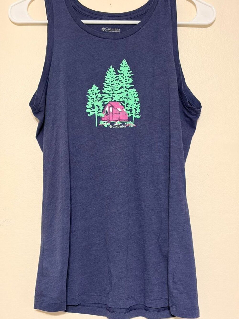 Women's Navy Blue Columbia Camping Scene Sleeveless Tank Top Size Small
